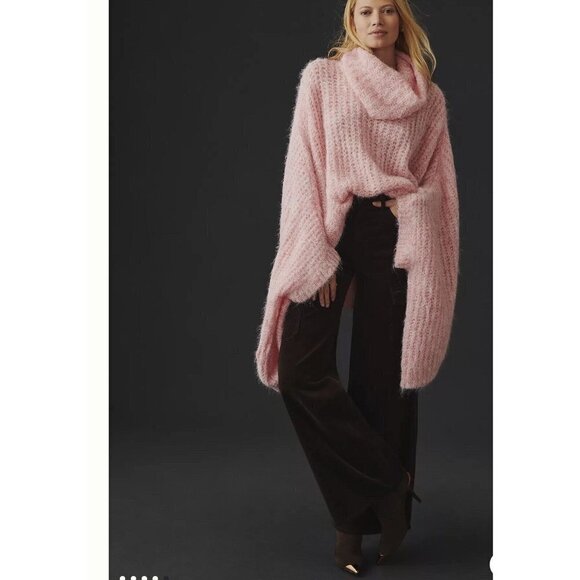 Anthropologie Funnel Turtleneck Neck Poncho One Size Knit Soft Pink Oversized - Picture 1 of 10